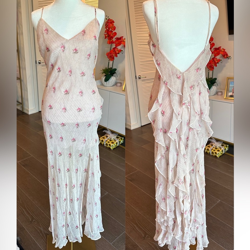 LoveShackFancy Floral Pink Kate Ruffle Slip Dress With Slit